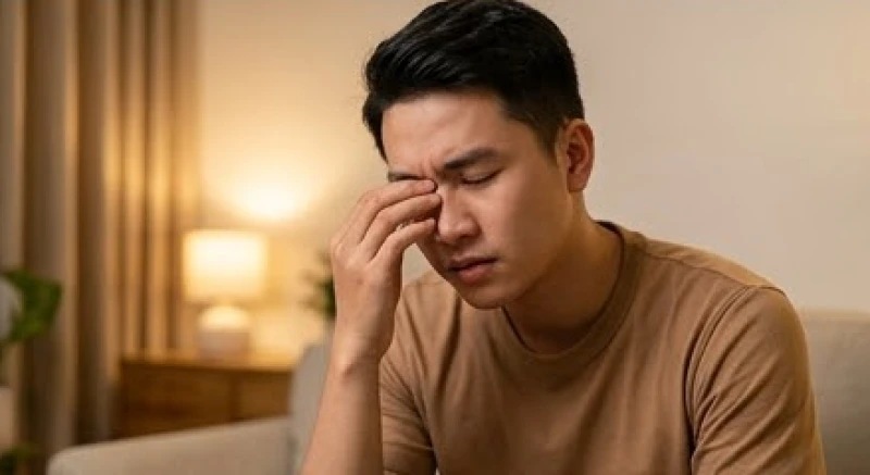 Chàng trai trẻ xoa trán tỏ rõ vẻ mệt nhọc khi năng lượng cơ thể bị suy kiệt do bệnh lý mãn tính