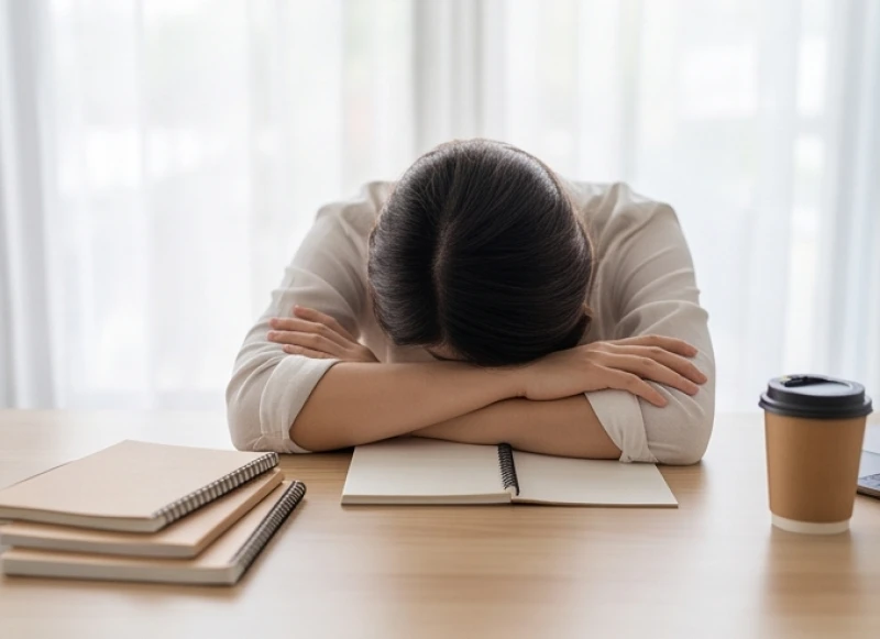 Một người phụ nữ gục đầu lên bàn làm việc giữa không gian đầy tài liệu