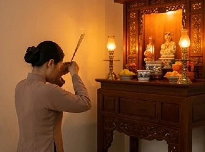 Gia chủ thành tâm thắp nén nhang tạ lễ thần linh và gia tiên tại nhà sau khi đạt được tâm nguyện
