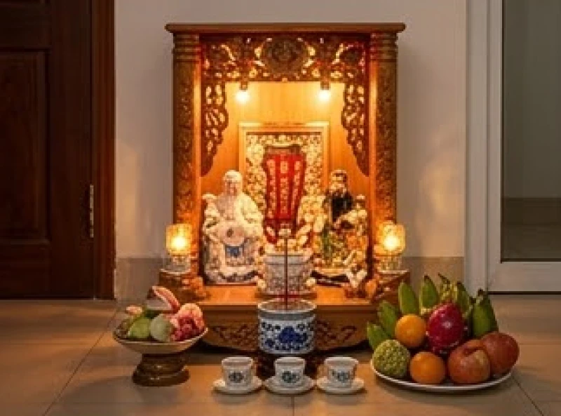 Mâm cúng tạ ơn dâng lên ban thờ Thần Tài Thổ Địa với đầy đủ trái cây và kim ngân
