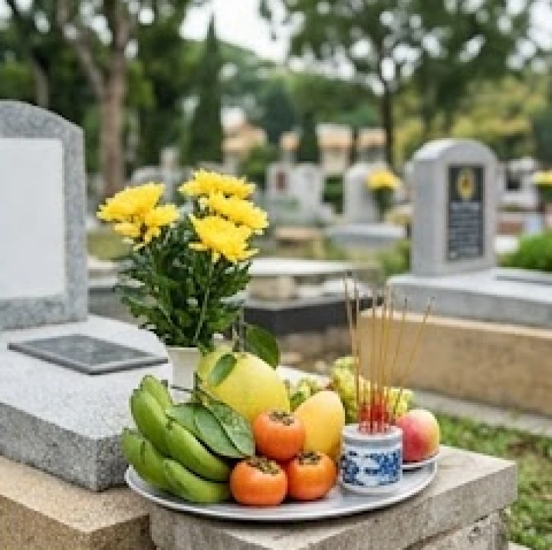 Mâm lễ vật tạ mộ đơn giản với trái cây, hoa tươi và nhang đèn đặt ngoài nghĩa trang