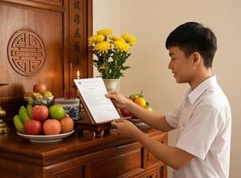 Văn khấn báo cáo gia tiên khi thi đỗ: Bài cúng & mâm lễ tạ ơn 2 Nam sinh mỉm cười tự hào dâng tờ giấy báo trúng tuyển đại học lên bàn thờ tổ tiên để báo công