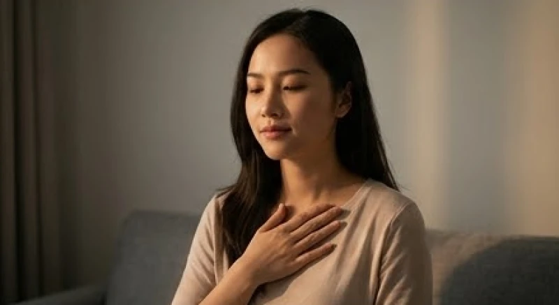 Người phụ nữ đặt tay lên ngực trái với vẻ mặt thanh thản đang thực hành thiền định để chữa lành Luân xa Tim