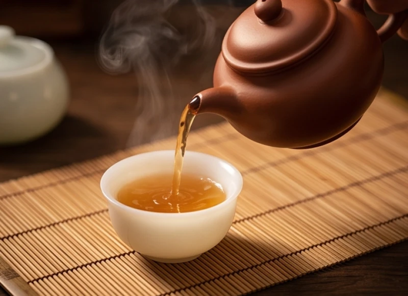 Ấm trà tử sa nhỏ rót nước trà sóng sánh ra chén ngọc trắng tinh khiết