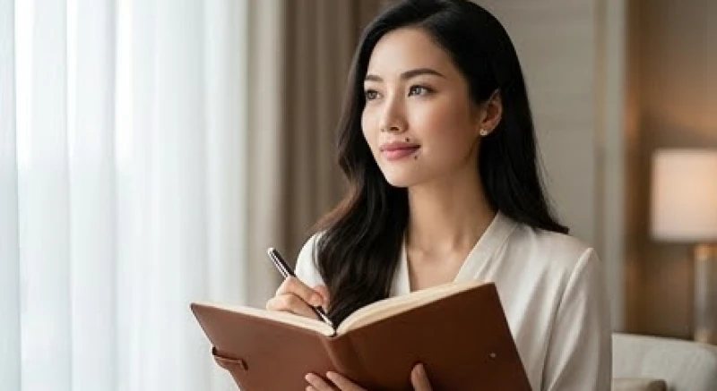 Cô gái trẻ đang cầm cuốn sổ ghi chép tài chính thể hiện sự quản lý tiền bạc thông minh