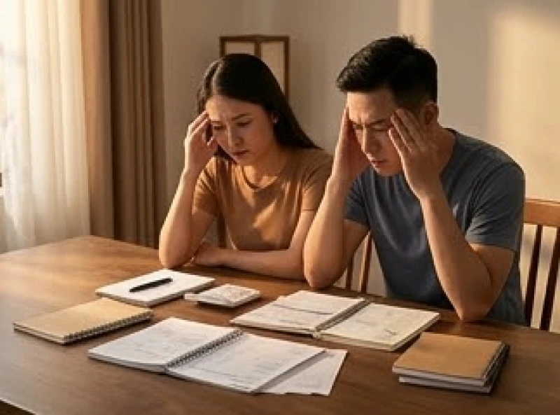 Cặp đôi đang căng thẳng tính toán sổ sách tài chính tại bàn ăn dưới ánh đèn vàng