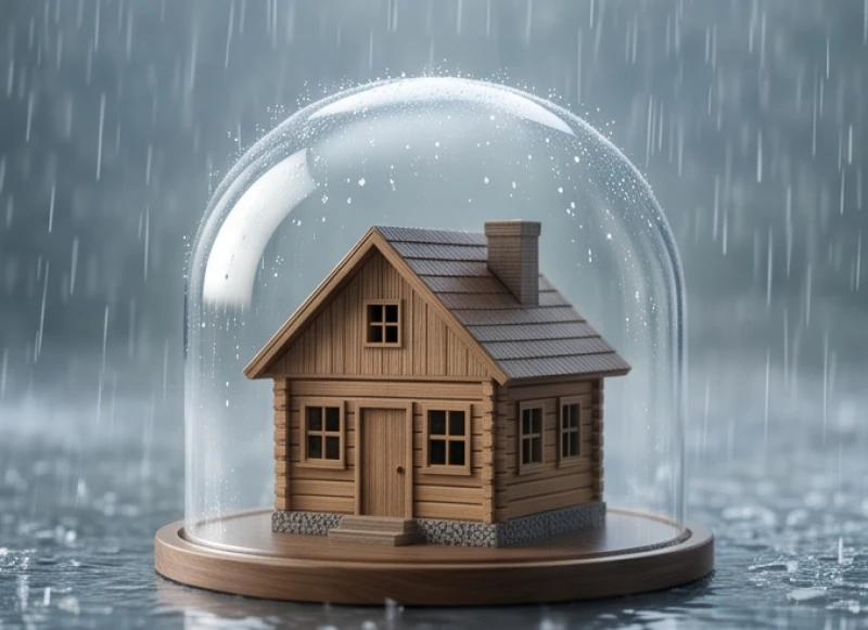 Mô hình ngôi nhà bằng gỗ cứng cáp được che chắn kỹ lưỡng khỏi cơn mưa nhẹ rơi xung quanh
