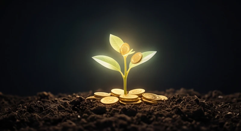 Chậu cây nhỏ mọc lên những mầm tiền vàng rực rỡ tượng trưng cho tài lộc bất ngờ từ giấc mơ phi lý