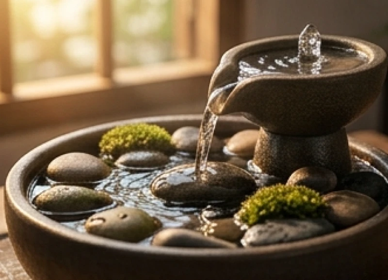 Dòng nước nhỏ chảy qua các khe đá tượng trưng cho nạp âm Giản Hạ Thủy mang năng lượng tĩnh lặng
