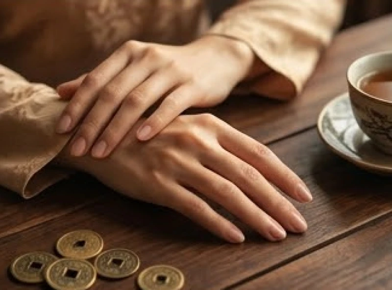 Bàn tay thanh thoát của người phụ nữ đặt trên mặt bàn gỗ mang ý nghĩa về tài chính vững chắc