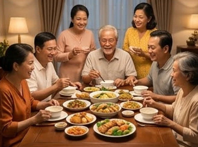 Đại gia đình nhiều thế hệ quây quần vui vẻ bên mâm cơm ấm cúng dịp họp mặt dòng họ