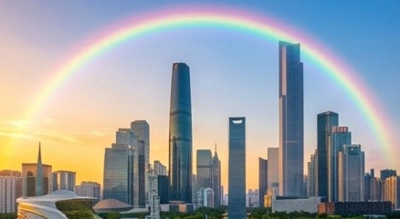 Cầu vồng rực rỡ tỏa sáng trên bầu trời thành phố hiện đại tượng trưng cho vận khí tài lộc