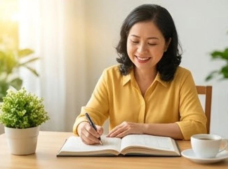 Một người phụ nữ đang ghi chép sổ sách kế toán với vẻ mặt tươi tắn khi doanh thu kinh doanh tăng trưởng