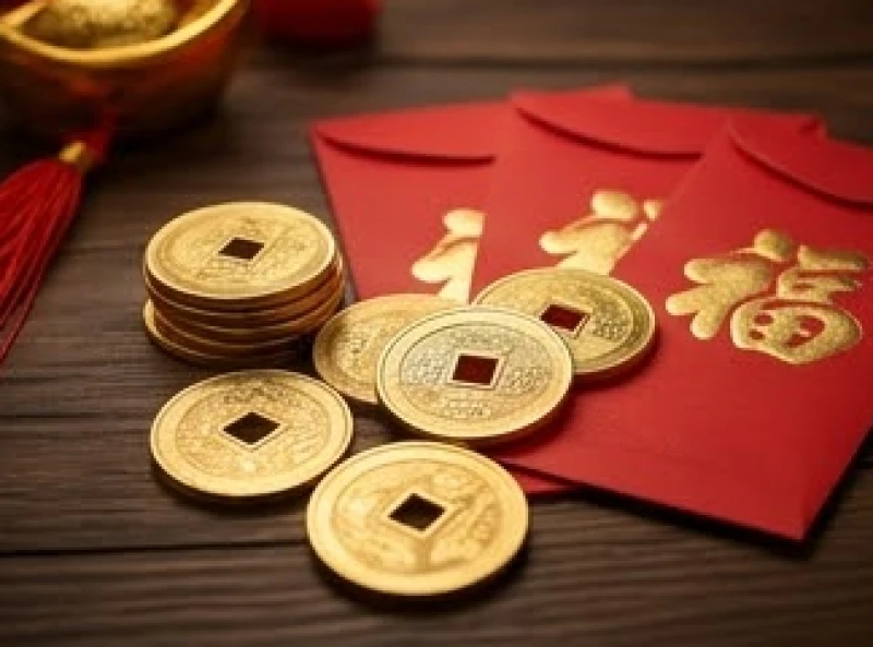 Mơ thấy người khác có thai: Giải mã điềm báo & bộ số tài lộc 8 Những đồng xu vàng và phong bao lì xì đỏ được sắp xếp tinh tế tượng trưng cho sự sinh sôi nảy nở của tài lộc