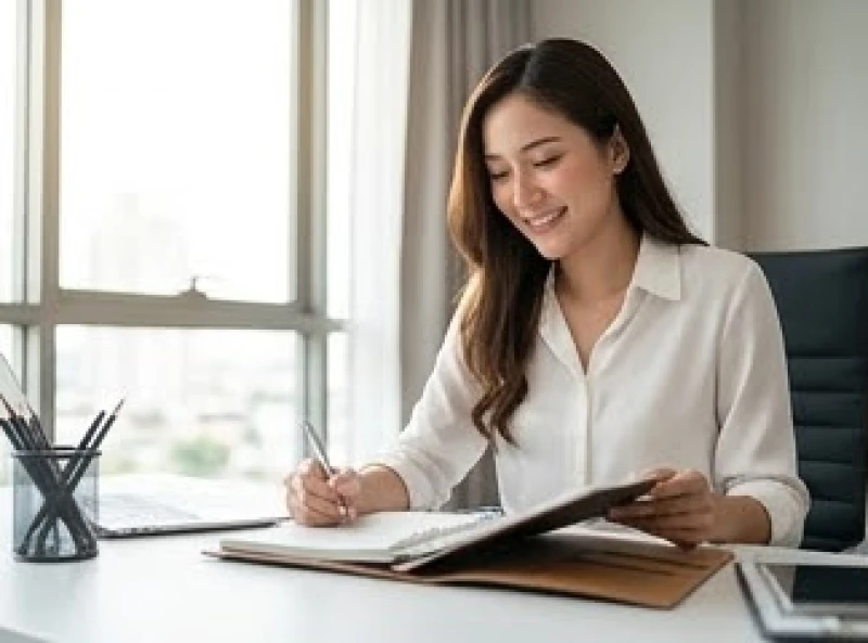 Phụ nữ trẻ độc lập tài chính đang mỉm cười quản lý chi tiêu nhờ vận khí tốt từ bàn chân phải