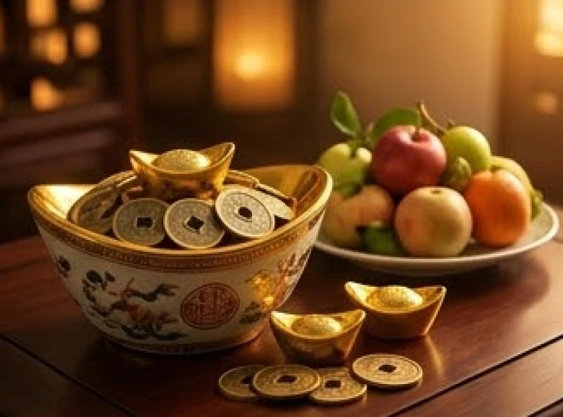 Tử vi trọn đời tuổi Nhâm Tuất 1982 nam mạng: Chi tiết vận hạn 6 Hũ tiền xu cổ ngũ đế và những thỏi vàng kim loại lấp lánh đặt cạnh mâm quả tươi