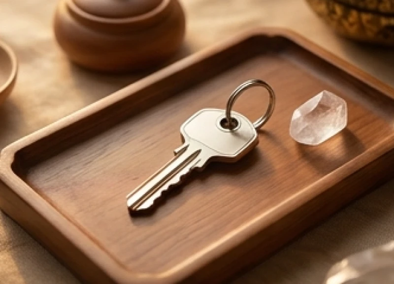 Chùm chìa khóa nhà mới đặt trên khay gỗ truyền thống bên cạnh quả cầu thạch anh trắng sáng bóng