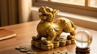 Vật phẩm phong thủy chiêu tài lộc tuổi dần đặt trên bàn gỗ trang trọng trong không gian phòng khách