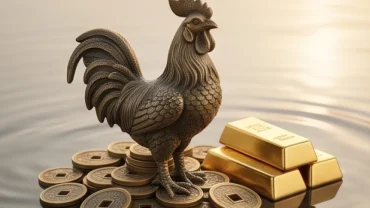 Hình tượng con gà bằng đồng kết hợp tiền xu phong thủy và yếu tố nước đại diện cho tài lộc tuổi Dậu năm 2027