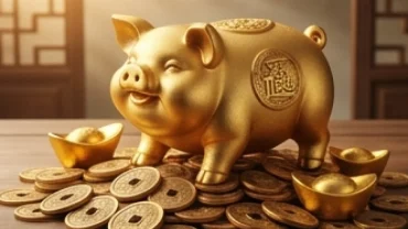 Đồng tiền xu cổ và kim bảo xếp vòng quanh tượng heo phong thủy đại diện cho tài lộc tuổi hợi năm 2027