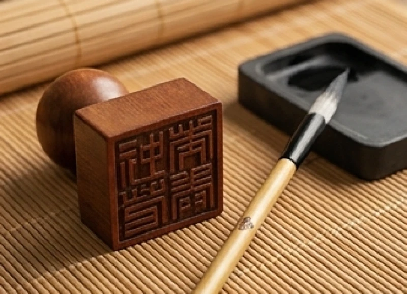 Chiếc ấn mộc khắc rồng đặt cạnh bút lông và nghiên mực tượng trưng cho cát tinh Chính Ấn