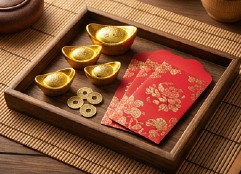 Chiếc khay gỗ truyền thống đựng kim nguyên bảo và phong bao lì xì đỏ may mắn