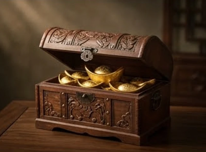 Hộp đựng tiền cổ bằng gỗ và những thỏi vàng kim nguyên bảo tượng trưng cho sự tích lũy tài lộc