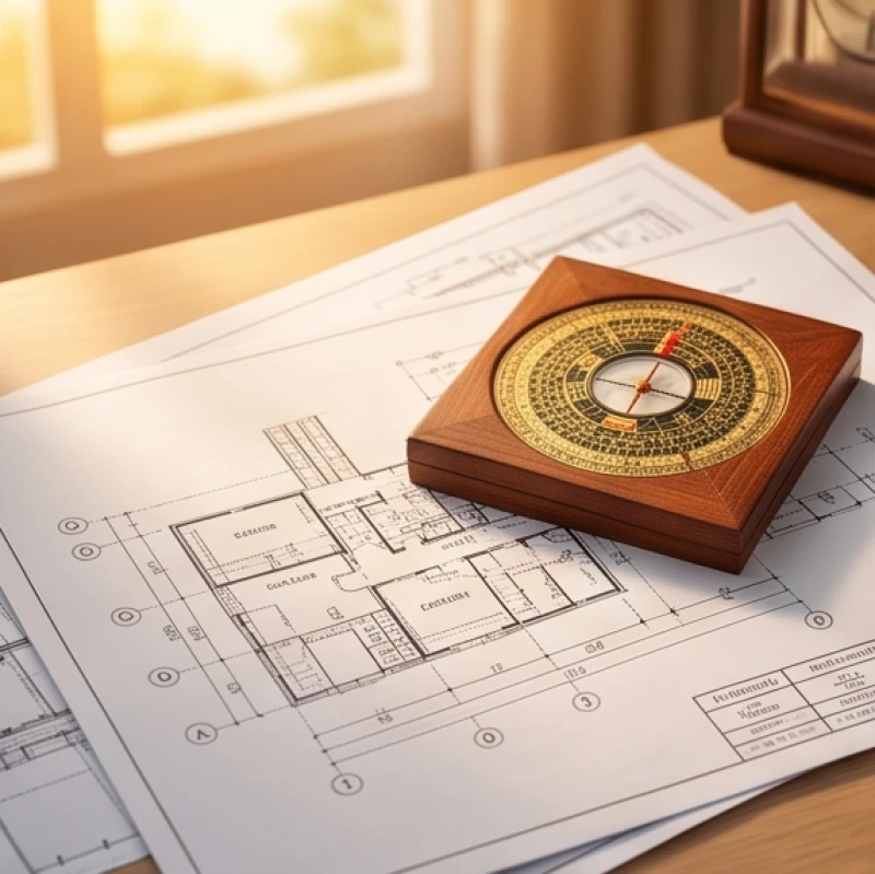 Bản vẽ thiết kế xưởng sản xuất đặt cùng chiếc la bàn phong thủy truyền thống