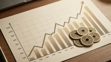 Bố cục phong thủy kích hoạt tài lộc tuổi Thân năm 2027 với đồng xu cổ và biểu đồ tài chính đang tăng trưởng