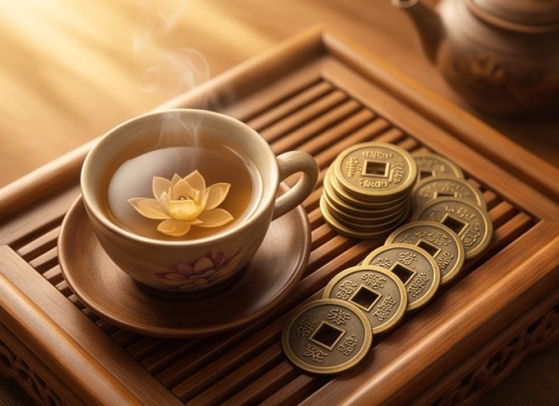 Tách trà sen ấm nóng đặt cạnh những đồng xu phong thủy tượng trưng cho tài lộc dồi dào