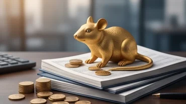 Tượng chuột phong thủy bằng vàng đặt trên bàn làm việc cùng sổ sách kế toán tượng trưng tài lộc tuổi tý năm 2026