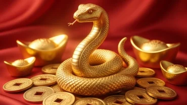 Biểu tượng linh vật rắn ngậm đồng tiền vàng rực rỡ tượng trưng cho tài lộc tuổi Tỵ năm 2026