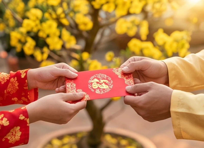 Gia chủ tuổi Tân Tỵ nhận phong bao lì xì đỏ từ khách xông nhà mang ý nghĩa tài lộc dồi dào