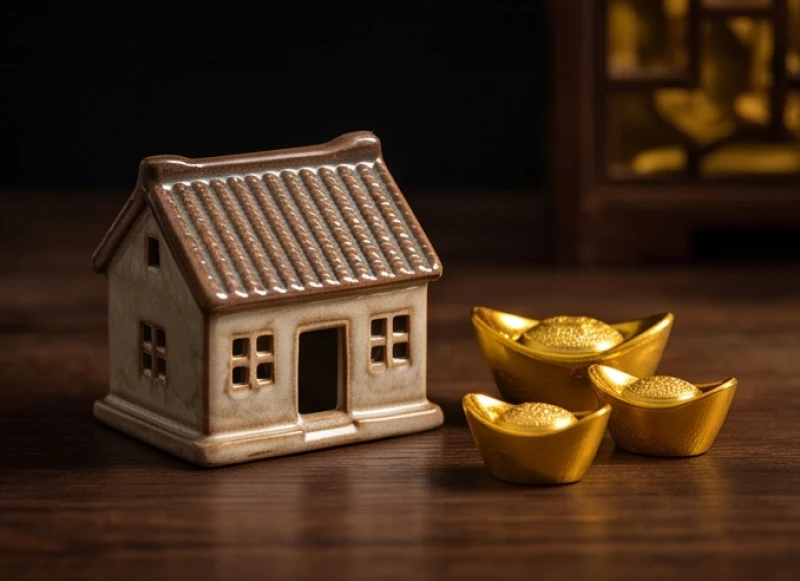 Mô hình ngôi nhà nhỏ và những thỏi vàng phong thủy đặt trên két sắt