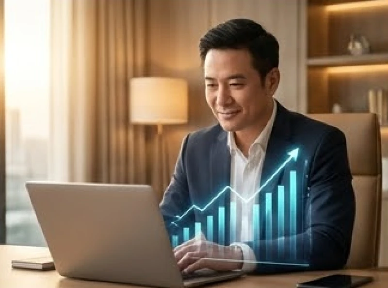 Tử vi trọn đời tuổi Tân Mùi 1991 nam mạng: Mốc 30-40 tuổi 5 Doanh nhân nam tự tin mỉm cười khi xem biểu đồ doanh thu tăng trưởng trên màn hình máy tính