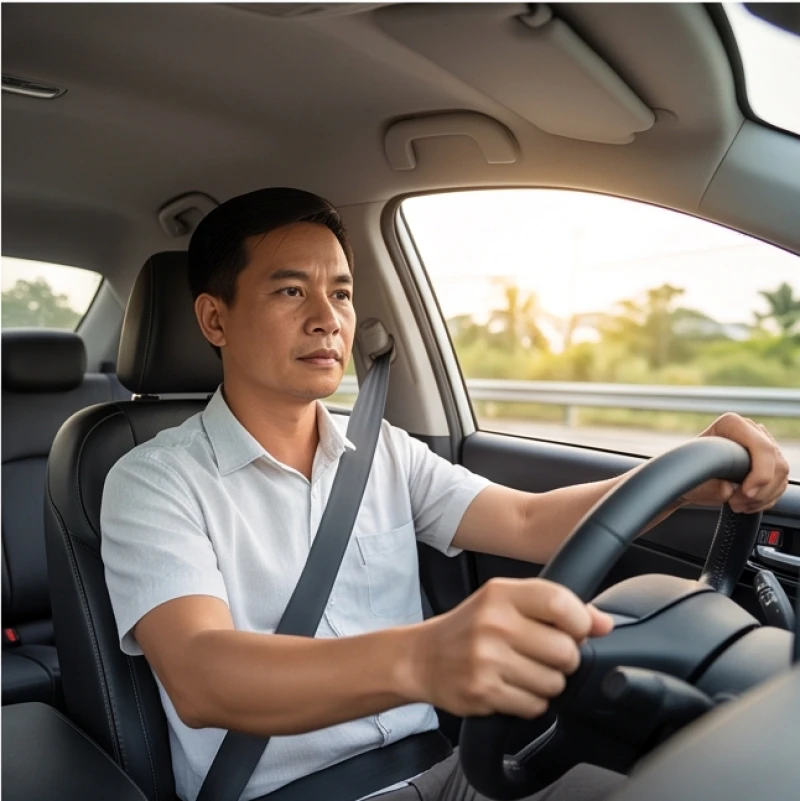 Tài xế thắt dây an toàn tập trung điều khiển xe ô tô lưu thông trên đường phố