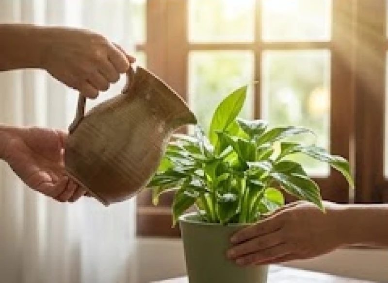 Bàn tay đang cẩn thận rót dòng nước sạch trong vắt để tưới cho chậu cây xanh tươi