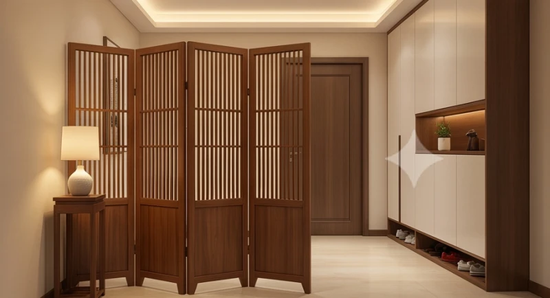 Bình phong bằng gỗ đặt ngay sau cửa chính giúp cản gió và điều hòa luồng khí