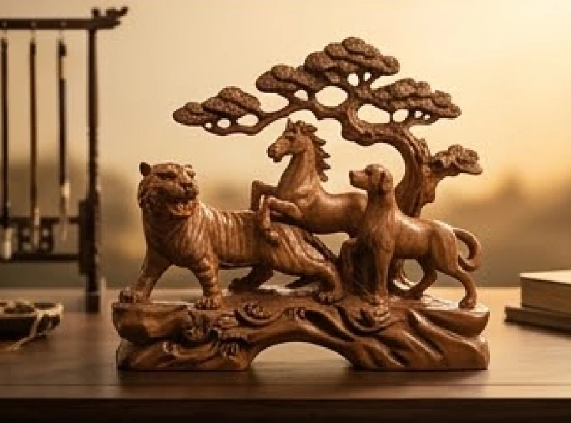 Bức điêu khắc tinh xảo bằng gỗ miêu tả ba linh vật Dần, Ngọ và Tuất hội tụ trên một thân cây tùng