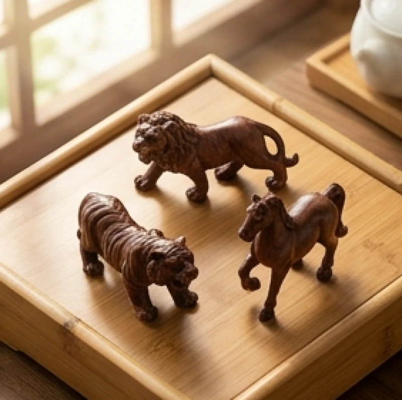 Tứ hành xung tuổi Tuất: Đối chiếu Can Chi và quy tắc hóa giải 7 Ba bức tượng gỗ tinh xảo hình Hổ Ngựa và Chó được xếp thành vòng tròn liên kết trên bàn trà