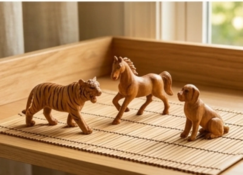 Ba bức tượng gỗ nhỏ khắc hình Dần Ngọ Tuất tượng trưng cho sự gắn kết Tam Hợp mang lại tài lộc