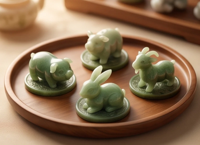 Ba khối ngọc bích chạm khắc hình lợn, mèo và dê xếp thành vòng tròn trên khay gỗ