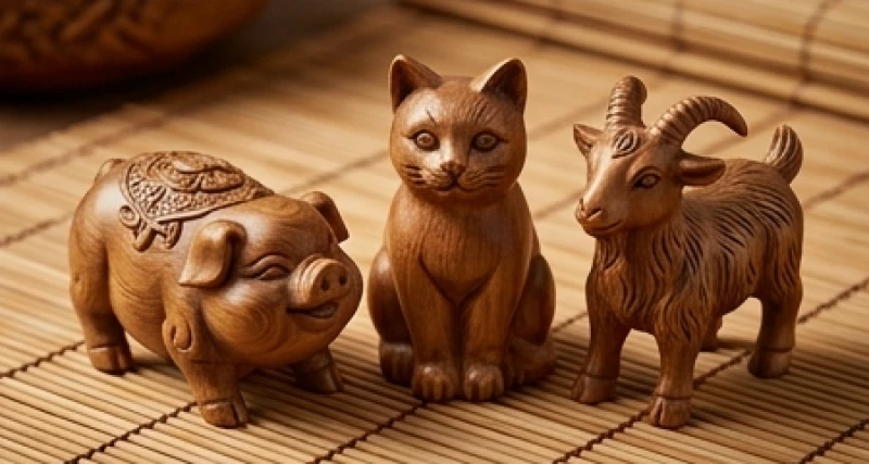 Ba vật phẩm chạm khắc hình heo, mèo và dê đặt cạnh nhau tượng trưng cho vòng tam hợp vượng khí