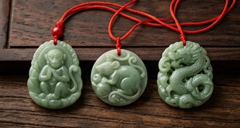 Ba khối ngọc bội chạm trổ hình khỉ chuột và rồng được nối bằng sợi chỉ đỏ mang ý nghĩa tương hợp