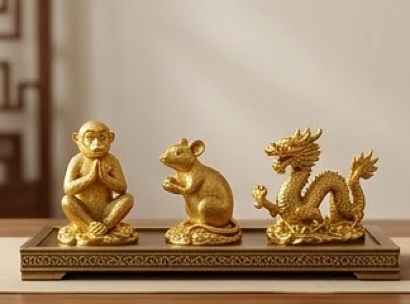 Bộ tượng ba con giáp Thân Tý Thìn bằng đồng mạ vàng đặt trang trọng trên bàn làm việc
