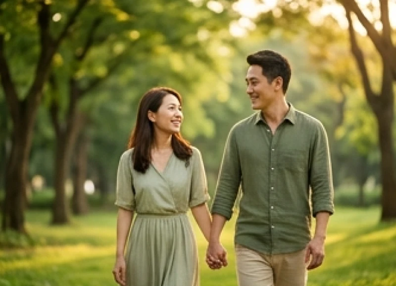 Vợ chồng tuổi Thìn và Tý hạnh phúc nắm tay nhau dạo bước trong công viên