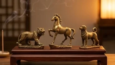 Tượng linh vật tam hợp tuổi dần gồm Hổ Ngựa Chó bằng đồng trên đế gỗ