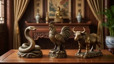 Tượng phong thủy tam hợp tuổi Dậu gồm Tỵ Dậu Sửu đúc bằng đồng đặt trên bàn gỗ mang lại vượng khí