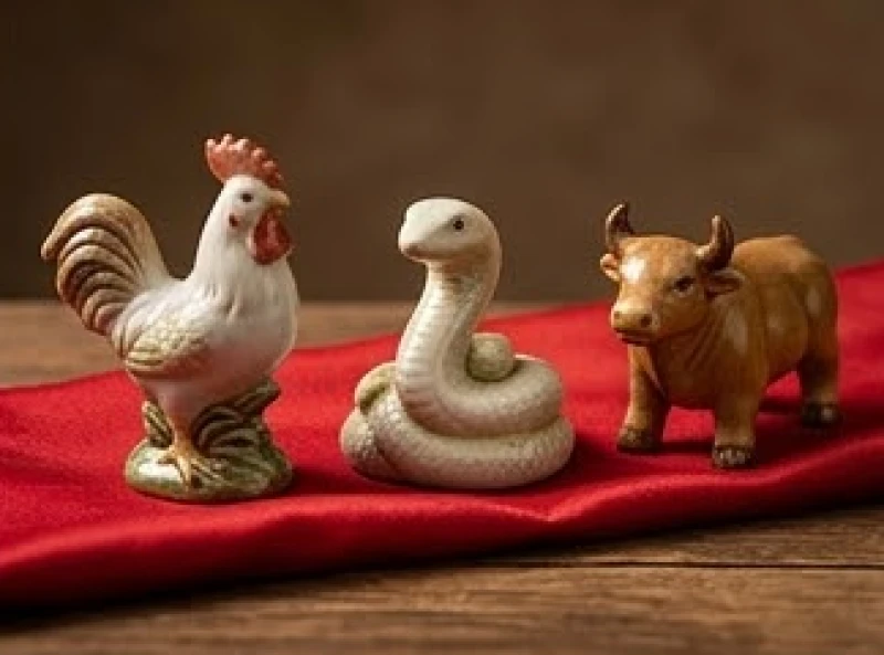 Ba bức tượng gốm con gà, rắn và trâu đại diện cho vòng tam hợp vượng khí trong hôn nhân