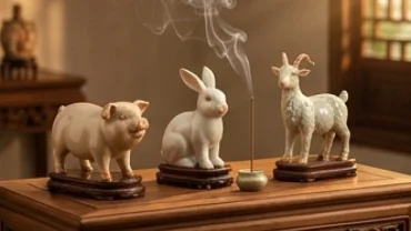 Bộ ba con giáp tam hợp tuổi Hợi gồm lợn, mèo và dê được chạm khắc tinh xảo mang lại vượng khí